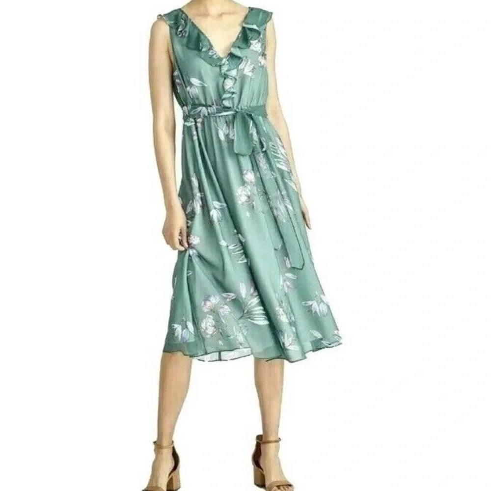 Rachel Roy Green Floral Ruffle Midi Dress XS Sleeveless High Low